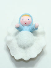 Handmade Baby Doll in Walnut Manger by Ambrosius – Eco-Friendly Wool Felt Waldorf Toy from Eco Flower Fairies LLC